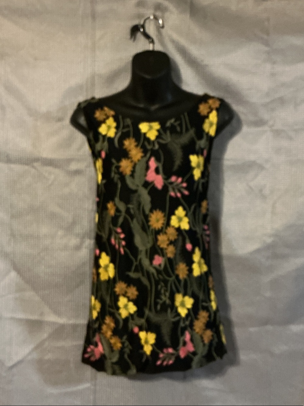 Anthropologie Black Mini Dress with Yellow and Pink Floral Embroidery